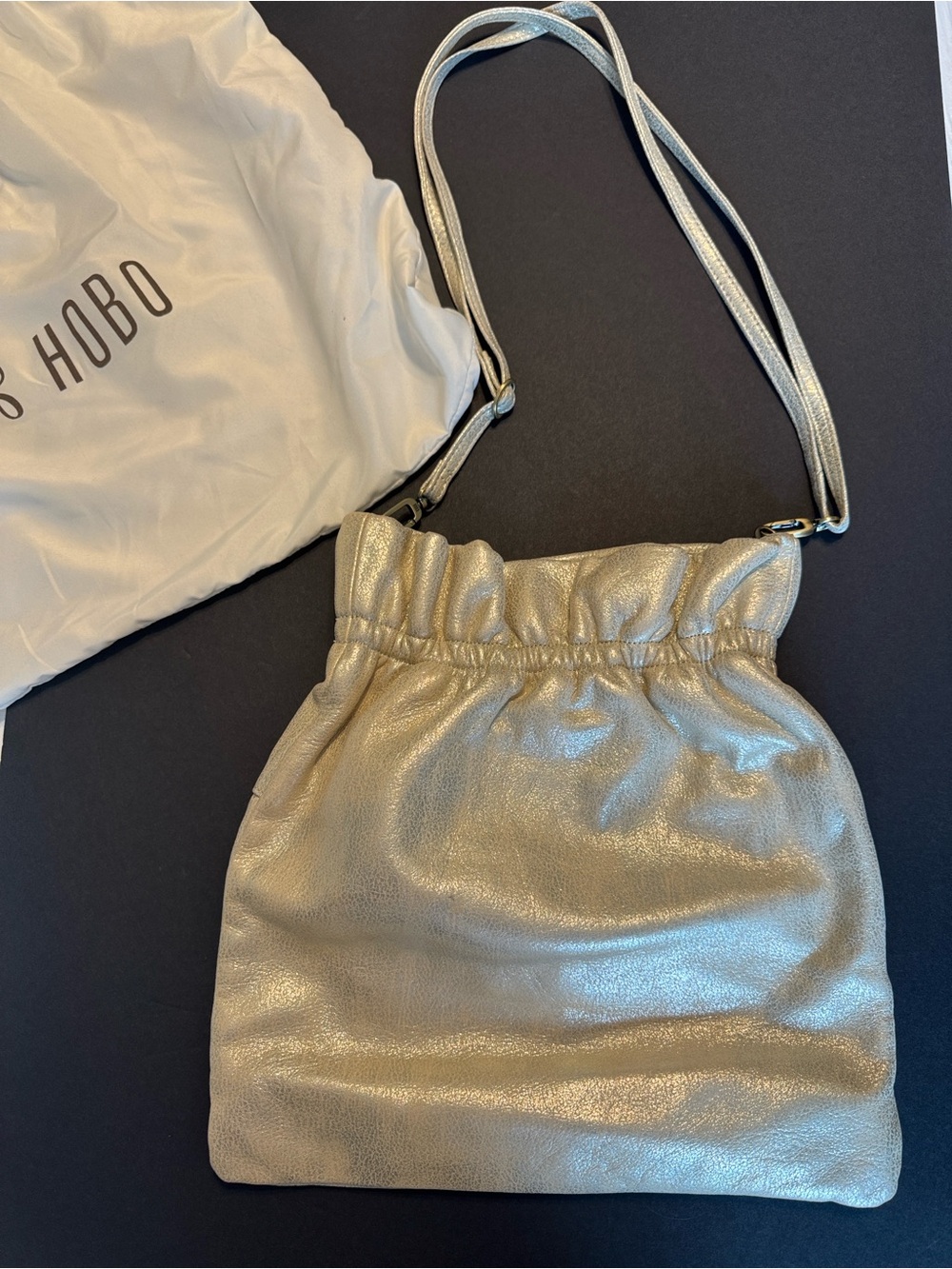 HOBO Metallic Gold Leather Drawstring Crossbody Bag + Dust Bag